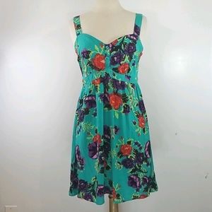 Derek Heart Junior Floral Turquoise Multi Sweetheart Sleeveless Dress Large